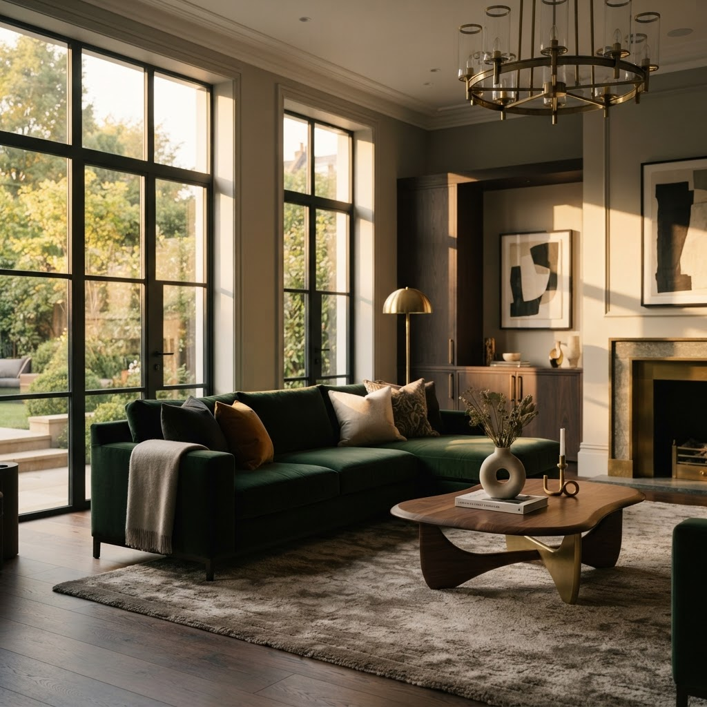 Immaculate luxury living room with green velvet sofa and walnut floors