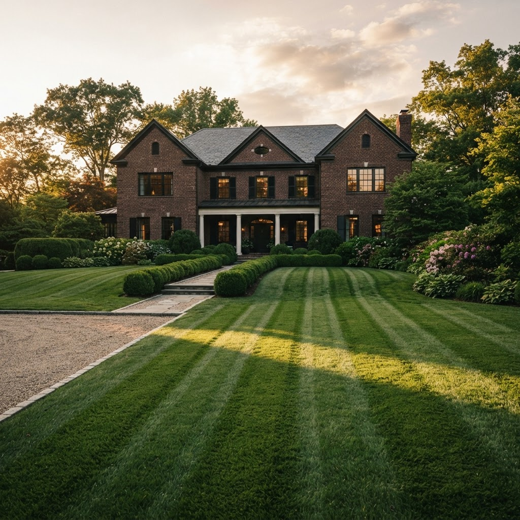 Manicured striped lawn in front of an upscale brick home at golden hour